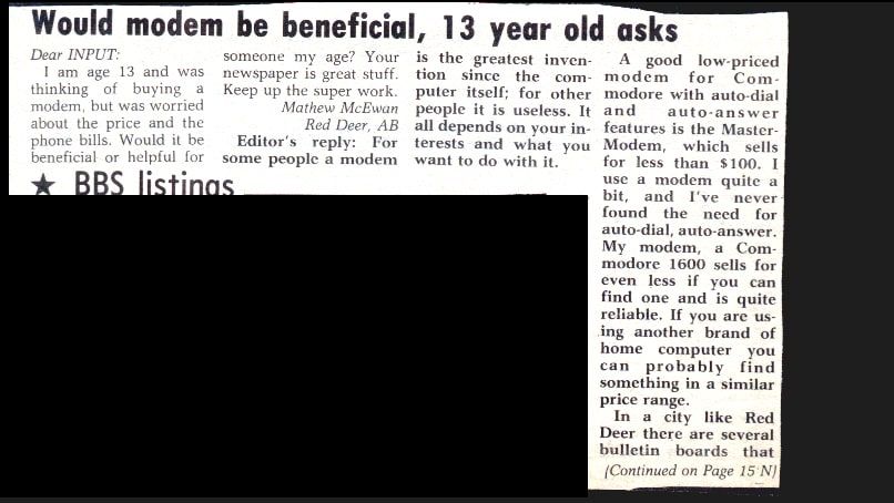 Newspaper clipping from INPUT headlined Would modem be beneficial, 13 year old asks, a letter signed Mathew McEwan, Red Deer, AB, with the editor's reply.