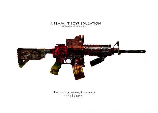 Collaged assault rifle filled with red roses and camouflage textures on a white page, under the title text and above a printed alphabet.