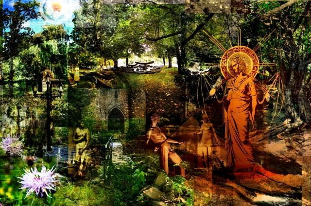 Dense colour collage of a sunlit park with trees, thistle flowers, a Gothic archway, nude classical figures and a haloed statue in orange.