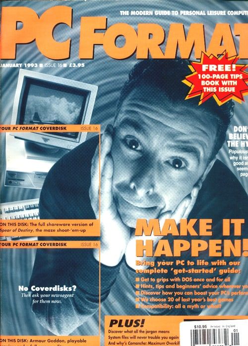 Cover of PC Format, January 1993, issue 16, showing a man resting his chin on his hands beside a computer, headlined Make It Happen.