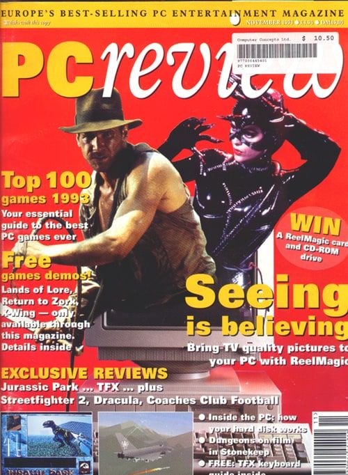Cover of PC Review, November 1993, with Indiana Jones and Catwoman figures on a red background under a Top 100 games 1993 headline.