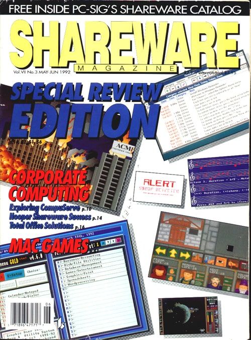 Cover of Shareware Magazine, May–June 1992, Special Review Edition, with yellow and blue headlines over collaged software screenshots.