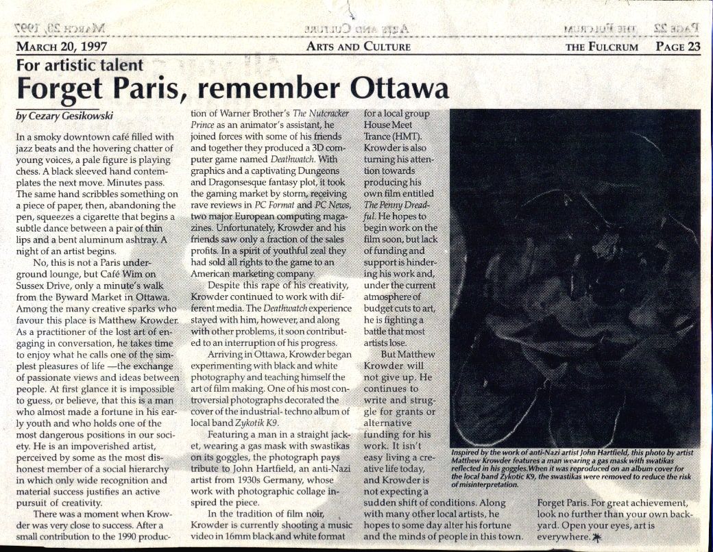 Newspaper clipping from The Fulcrum, March 20, 1997, headlined Forget Paris, remember Ottawa, with three text columns and a dark photo of a gas-masked man.