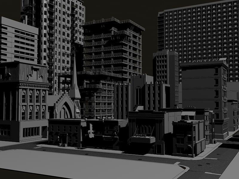Grey untextured 3D render of a downtown street corner with high-rise apartment blocks, a church steeple and low brick storefronts.