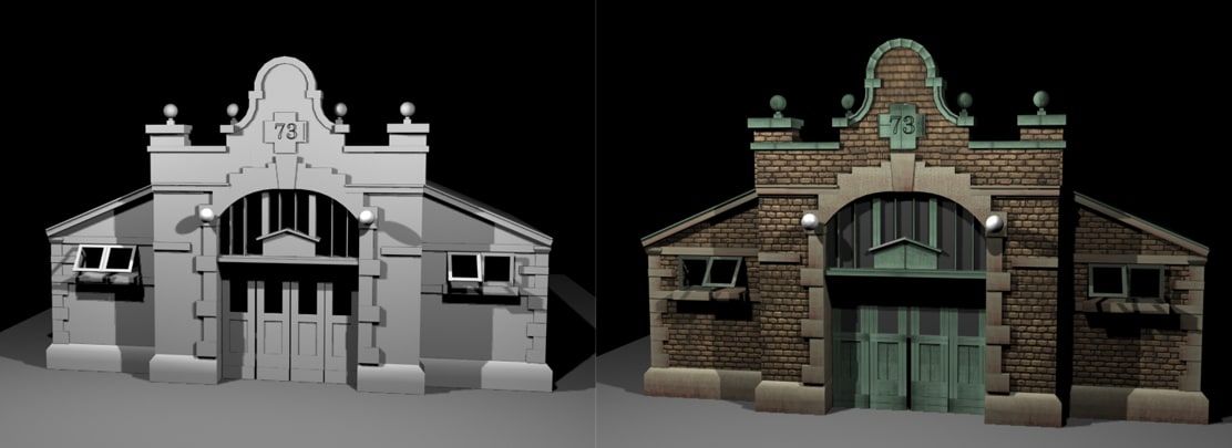 Two 3D renders of the same arched building numbered 73, one untextured grey and one finished in brick with green trim.