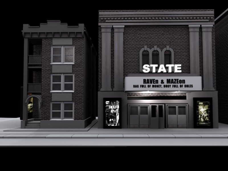 Grey 3D render of a brick apartment building beside the State theatre, its marquee reading RAVEn & MAZEon, Bag Full of Money.