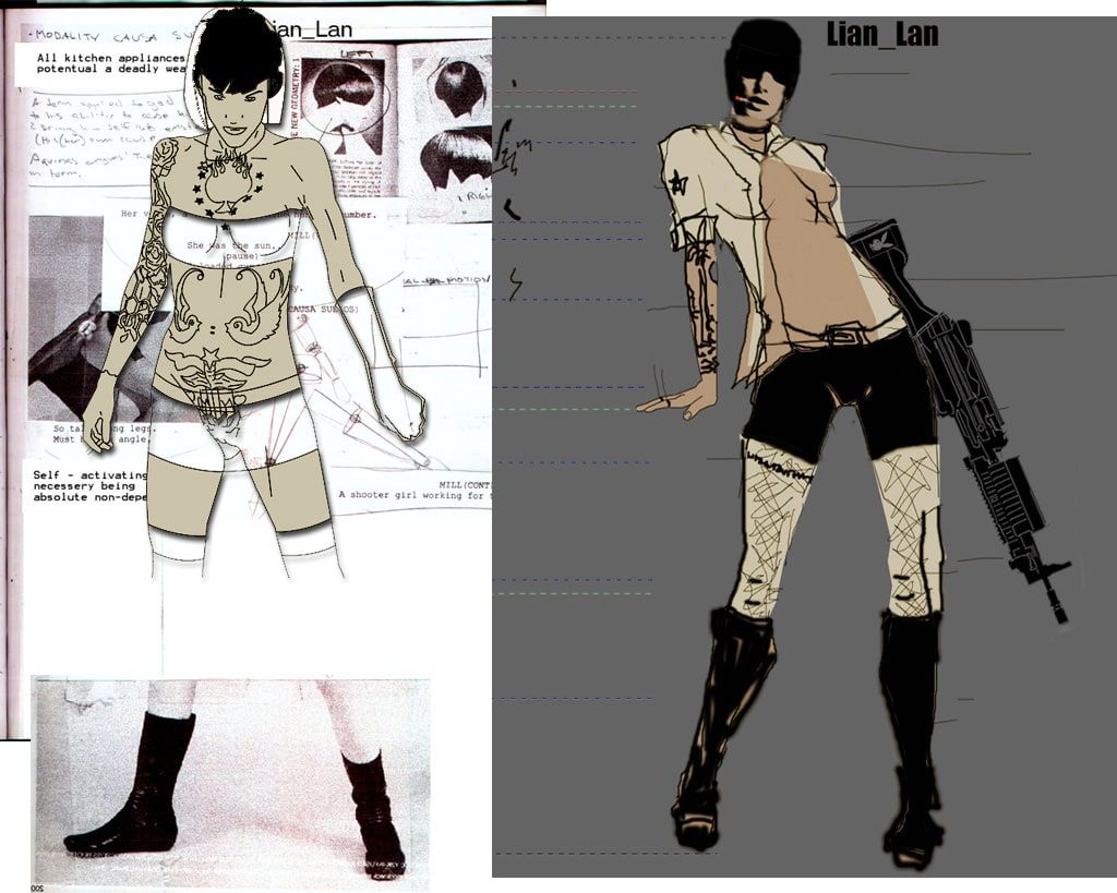 Concept sheet for the character Lian Lan, a tattooed woman with short black hair, fishnets and knee boots holding a rifle, beside sketch notes.