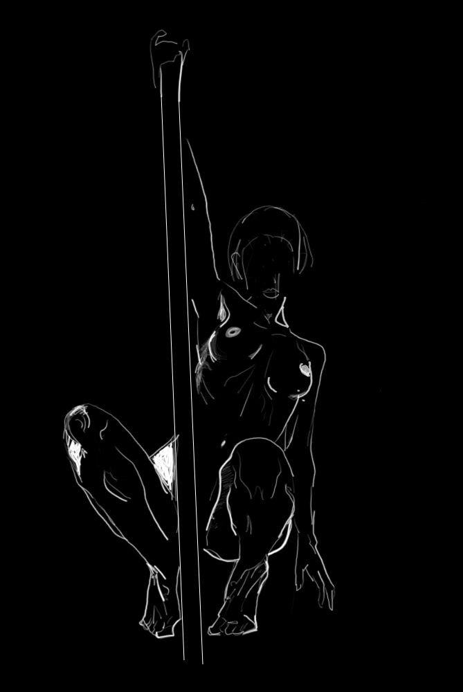 White line drawing on black of a nude woman with short hair crouching on one leg while gripping a tall vertical pole.