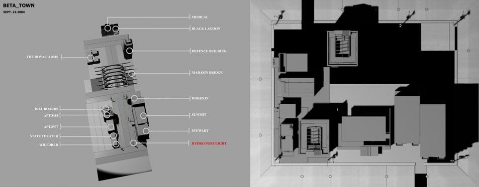 Labelled overhead layout of the Beta Town level dated Sept. 22, 2004, naming places like Black Lagoon and State Theater, beside a plan view.
