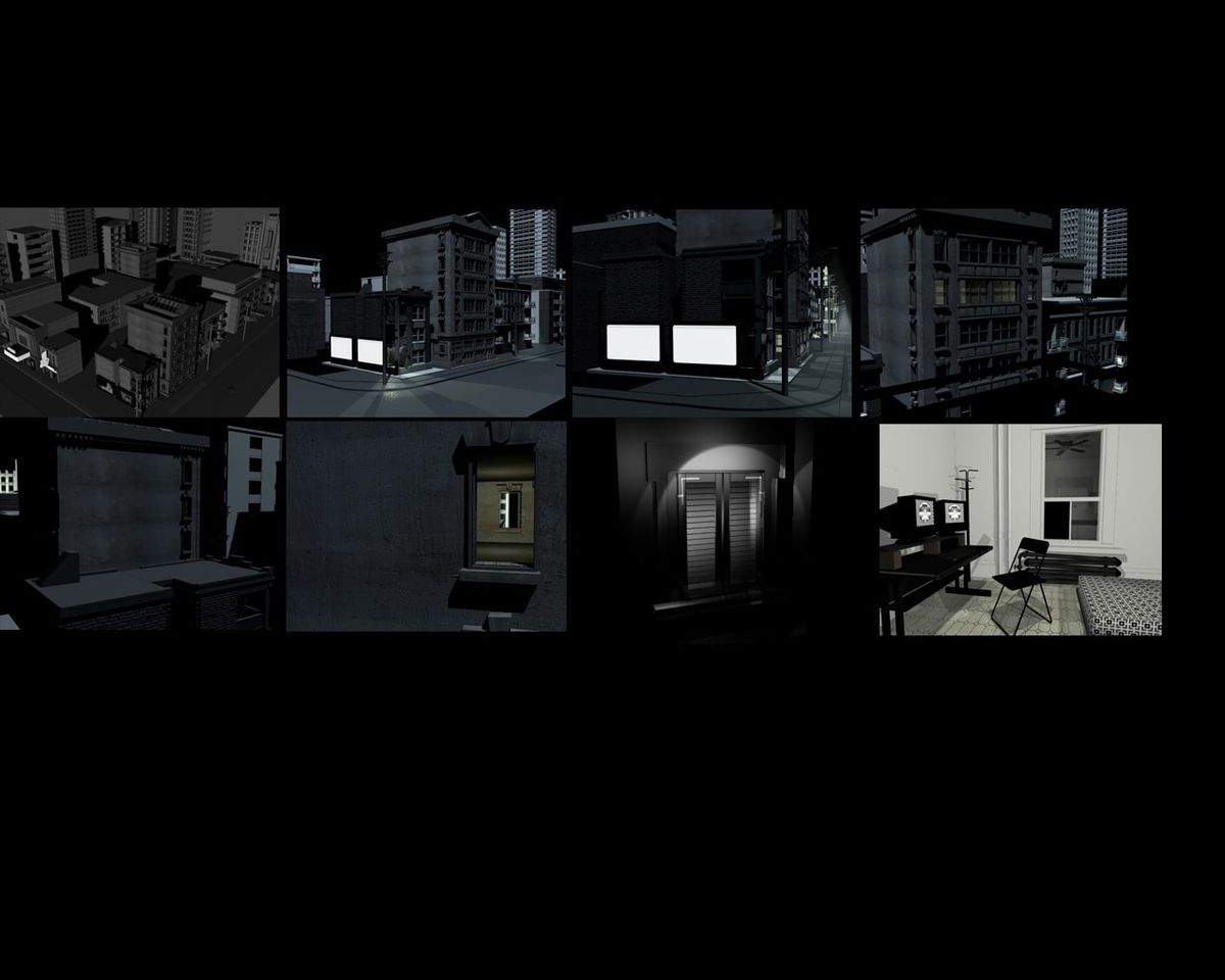 Eight grey 3D render stills on black showing city streets, building facades, a shuttered window and a sparse apartment interior.