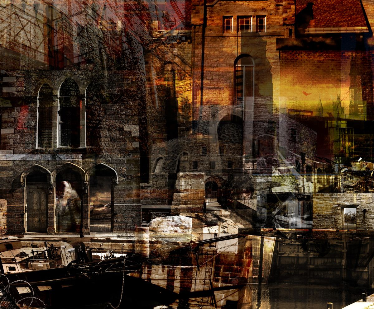 Layered photo collage of Gothic arched windows, weathered stone walls and a moored boat in warm amber, rust and brown tones.