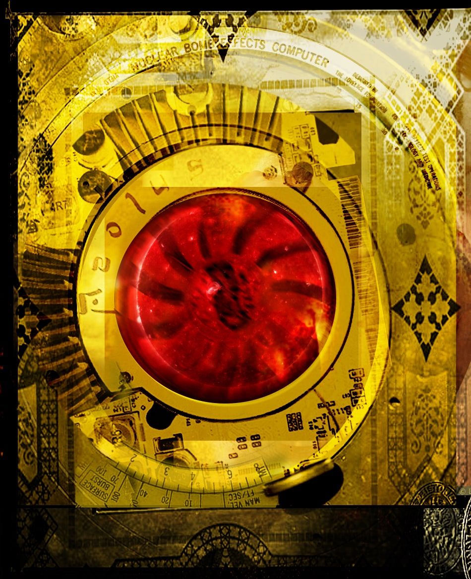 Yellow and gold collage of dials, circuit boards and a slide rule labelled Nuclear Bomb Effects Computer around a glowing red central disc.