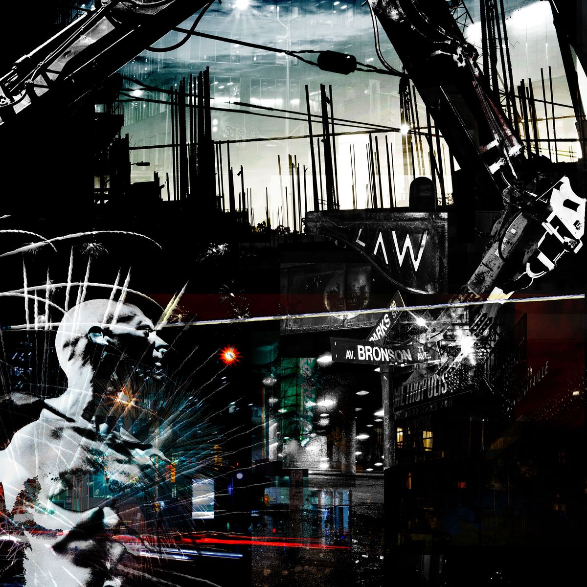Dark collage of a bald man's head in profile with radiating spikes, crane arms, rebar, a Bronson Avenue street sign and a red-lit street.