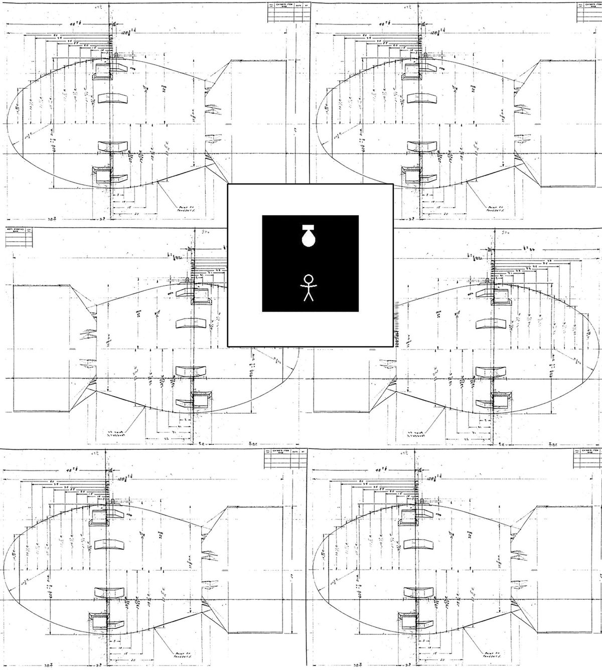 Six repeated engineering drawings of a bomb casing in black line on white surround a central panel with bomb and stick-figure icons.