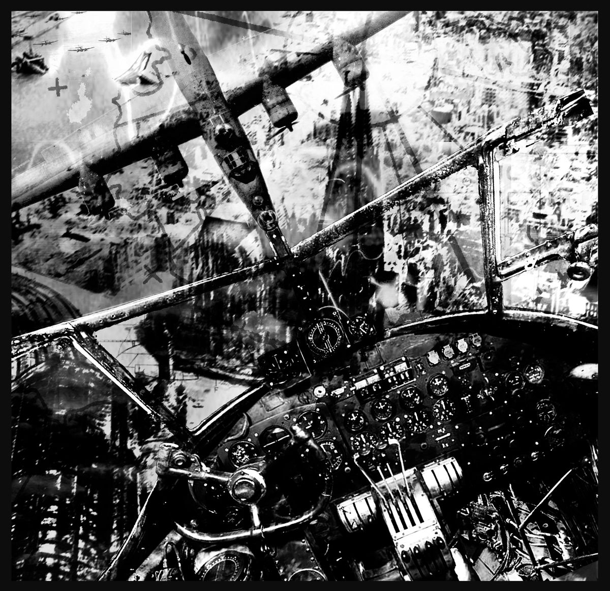 High-contrast black and white collage of a bomber cockpit, its instrument panel and window frames overlaid with aircraft, maps and debris.