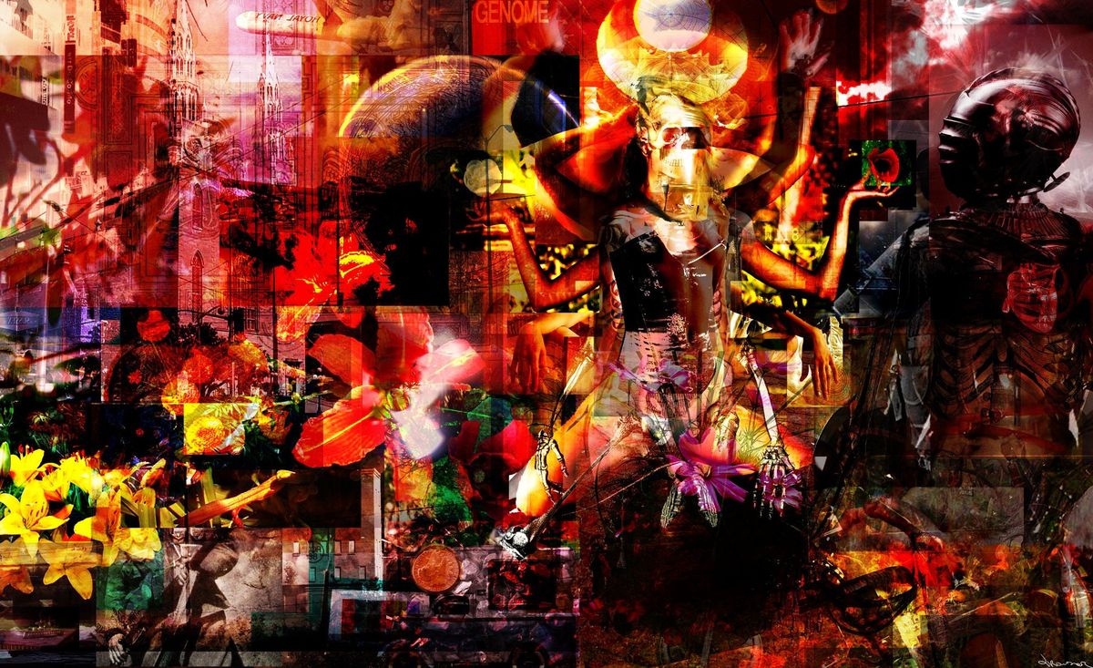 Saturated red and orange collage with a many-armed goddess figure, a figure in a diving helmet, a moon, skyscrapers and yellow lilies.