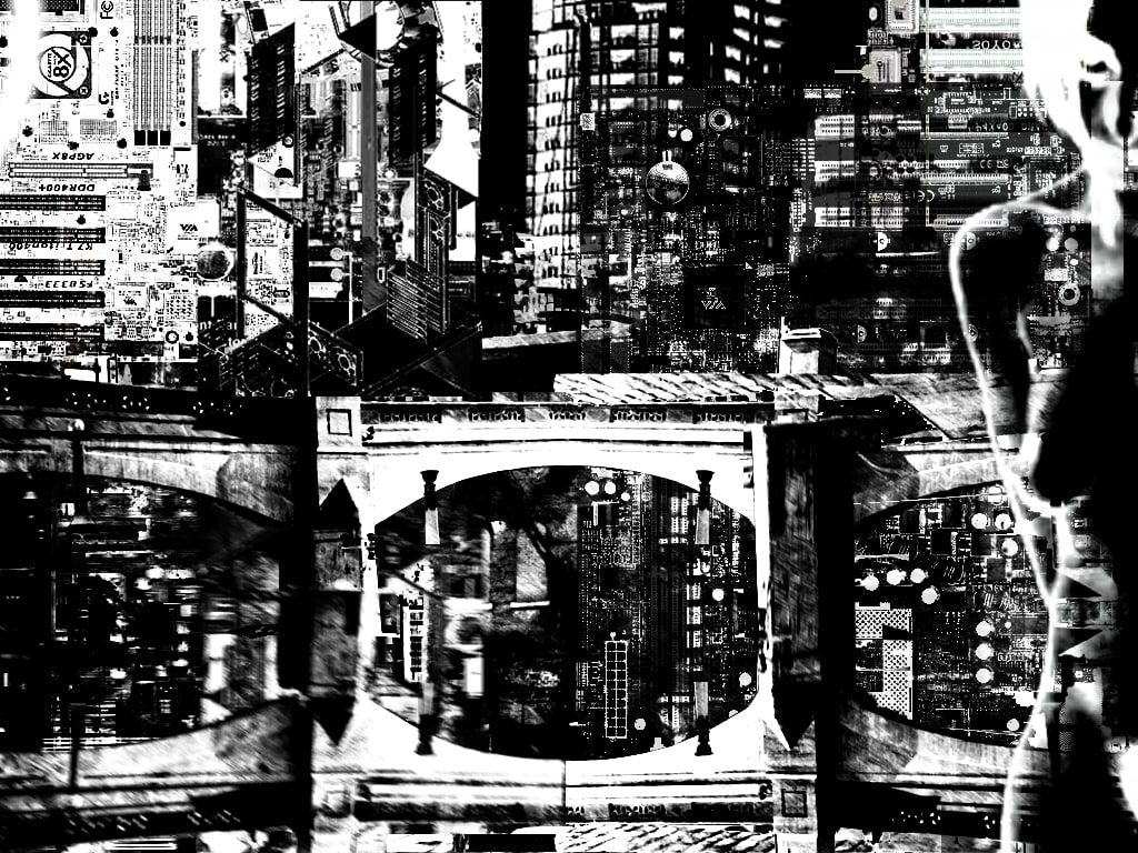 Stark black and white collage of city towers, circuit boards and a bridge arch, with a man's bare torso in profile at the right.
