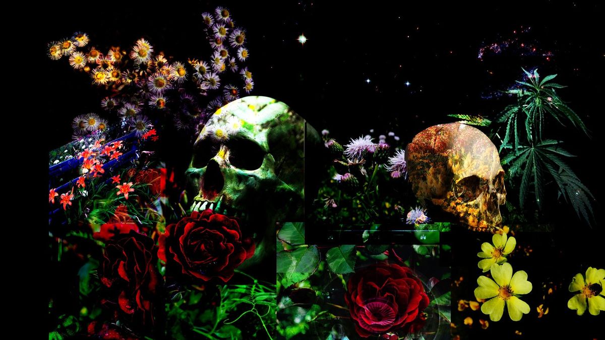 Collage on black of two skulls among red roses, yellow flowers, purple asters and cannabis leaves under a starry sky.