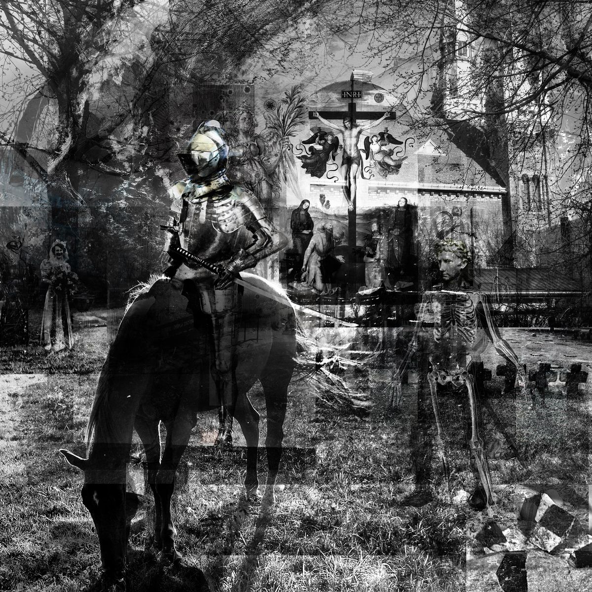 Black and white collage of an armoured knight on horseback, a crucifix marked INRI, a skeleton, mourners and bare trees by a stone church.