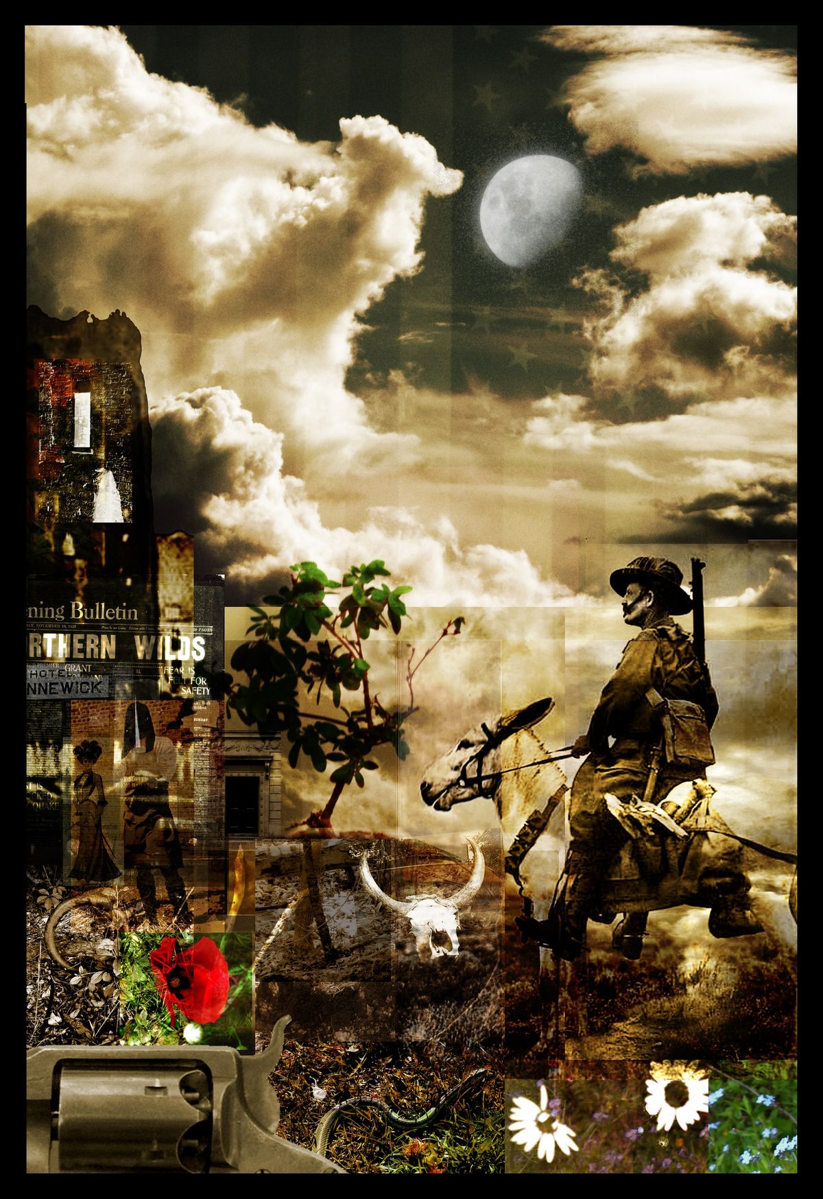Sepia collage of a mounted soldier with a rifle under billowing clouds and a moon, with a cattle skull, revolver, red poppy and daisies.
