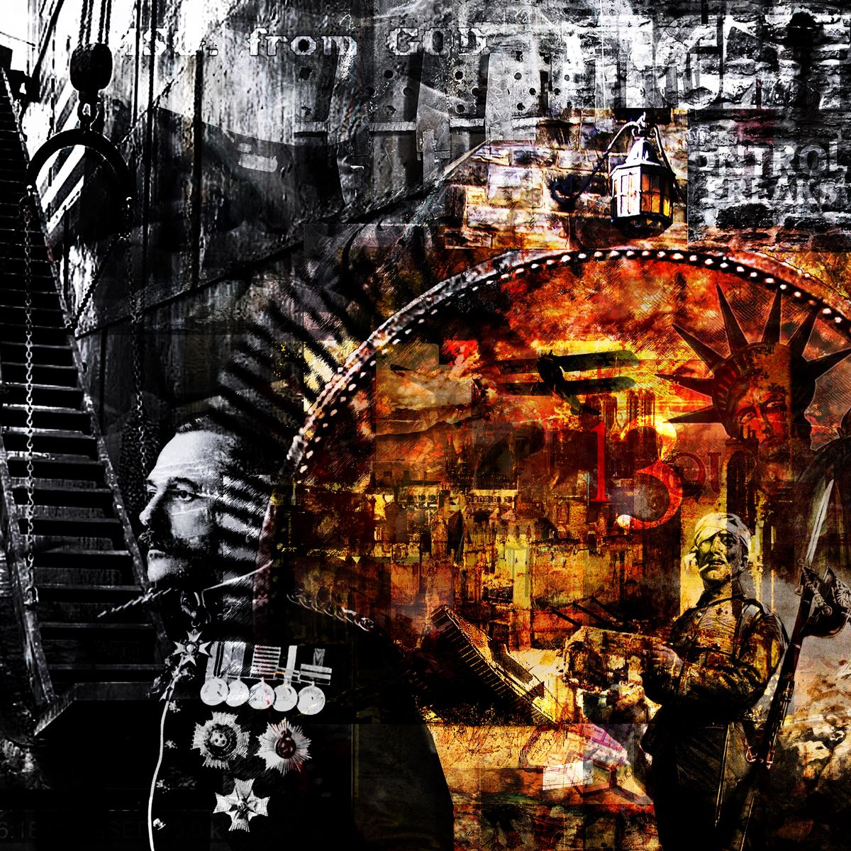 Collage of a moustached military officer wearing medals, iron stairs and a lantern, beside a large rust-orange dial and a figure holding a sword.
