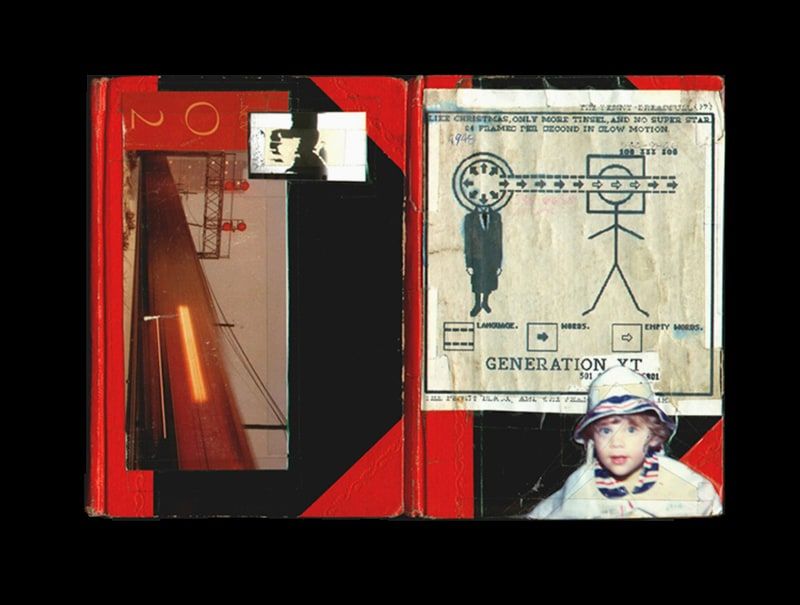 Open red hardcover book collaged with blurred rail tracks, a diagram of a suited man and stick figure, and a child in a hat.