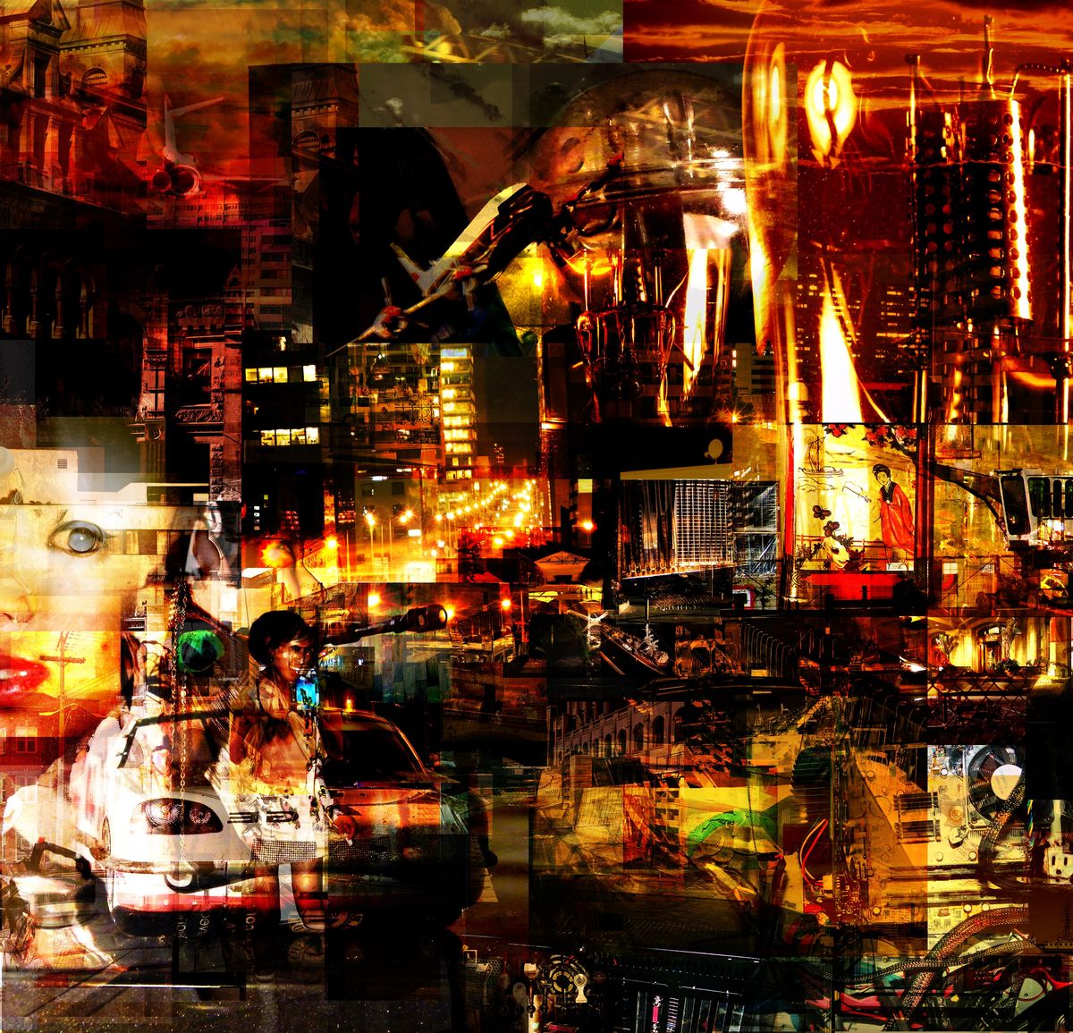 Dense amber and red collage of city towers at night, fighter jets, flames, a white car and fragments of faces.