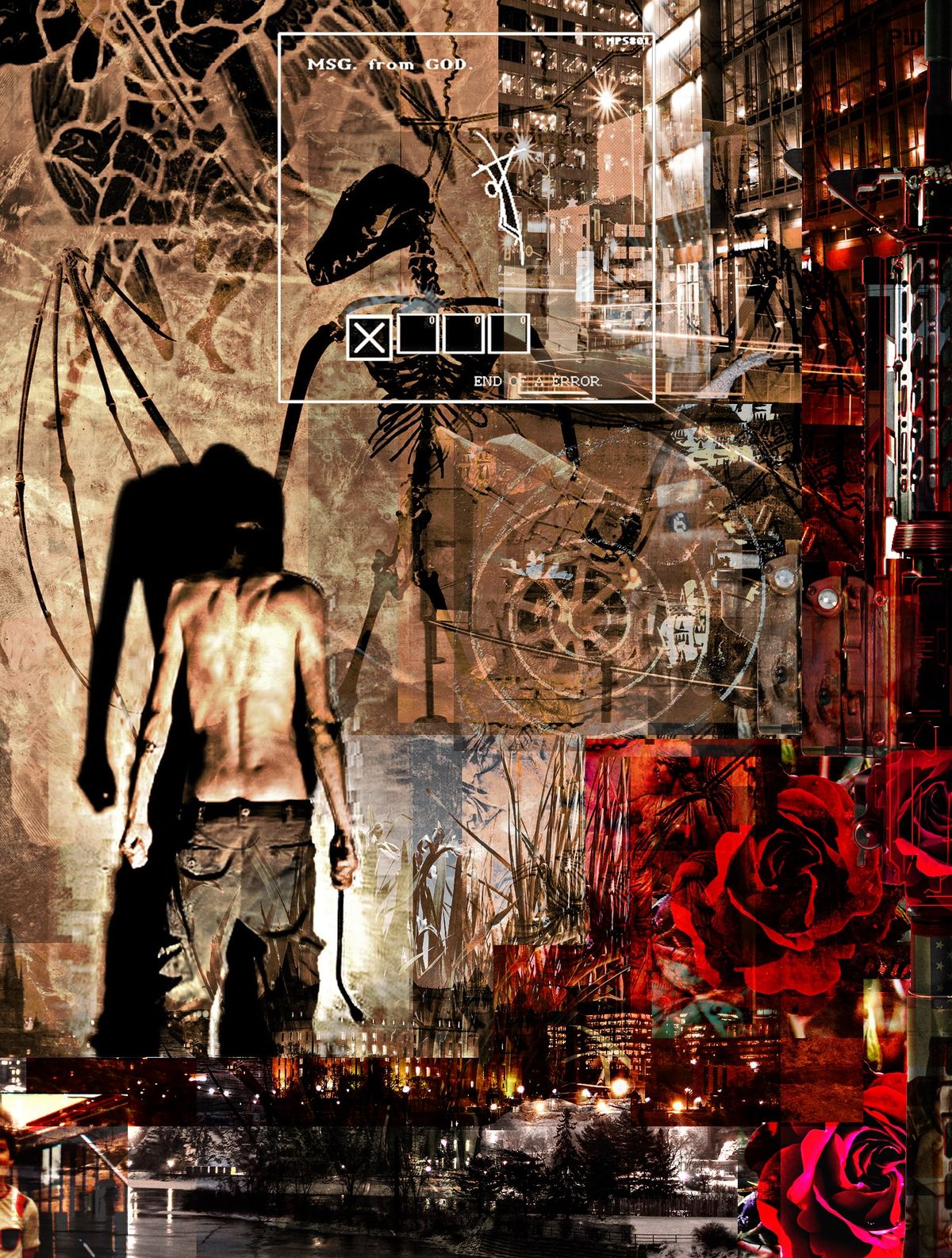 Collage of a thin shirtless man casting a long shadow, with a bat-winged skeleton, a Msg from God dialog box, city lights and red roses.