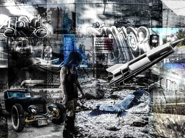 Grey-blue collage of a woman with blue hair beside a black hot rod, a heron, a toppled rocket and graffiti-covered walls.