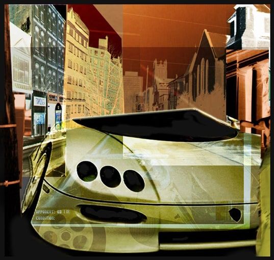 Collage of a futuristic sports car with three round headlights in a street of tilted old buildings, tinted gold and rust.