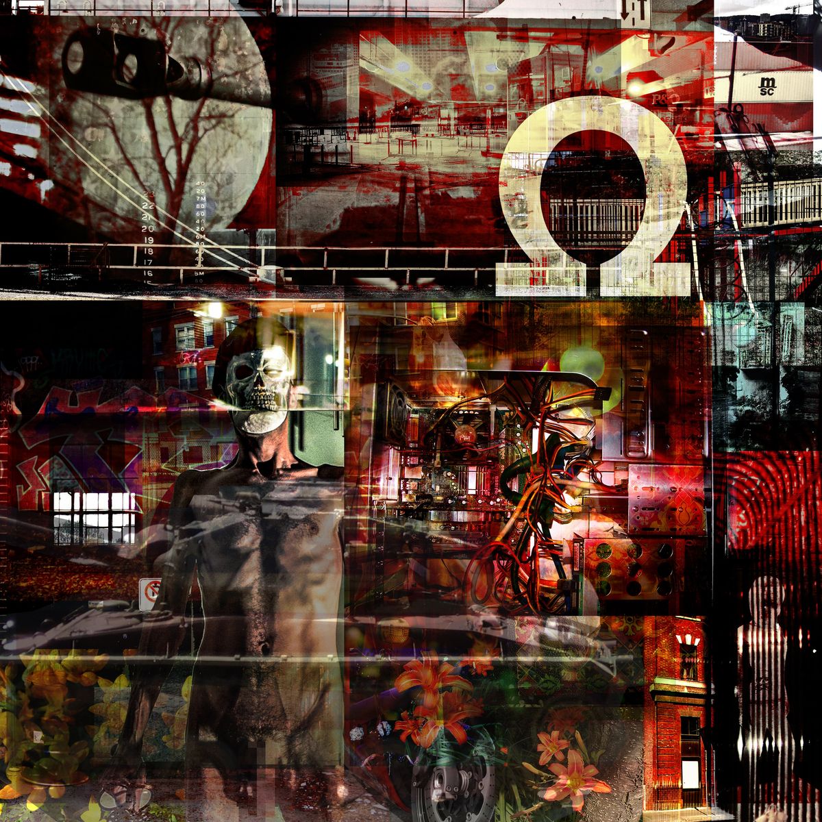 Dark red collage of a nude man with a skull face among computer wiring, brick buildings, orange lilies and a large white omega symbol.