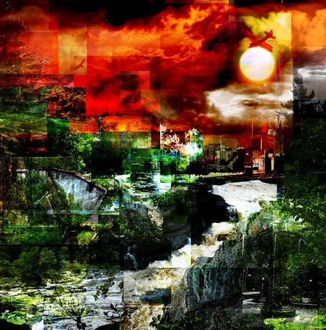 Collage of a rushing waterfall over rocks and green foliage beneath a fiery red sky with a bright sun and a small aircraft.