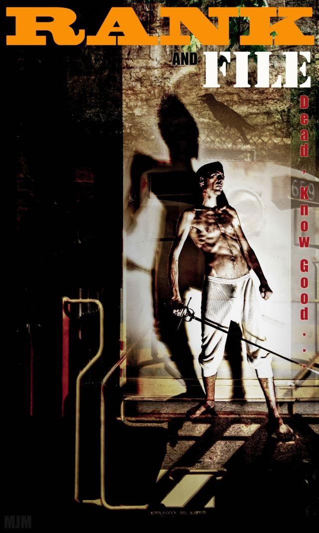Poster with orange and white title lettering over a shirtless man holding a sword in a doorway, a raven's shadow on the wall behind.