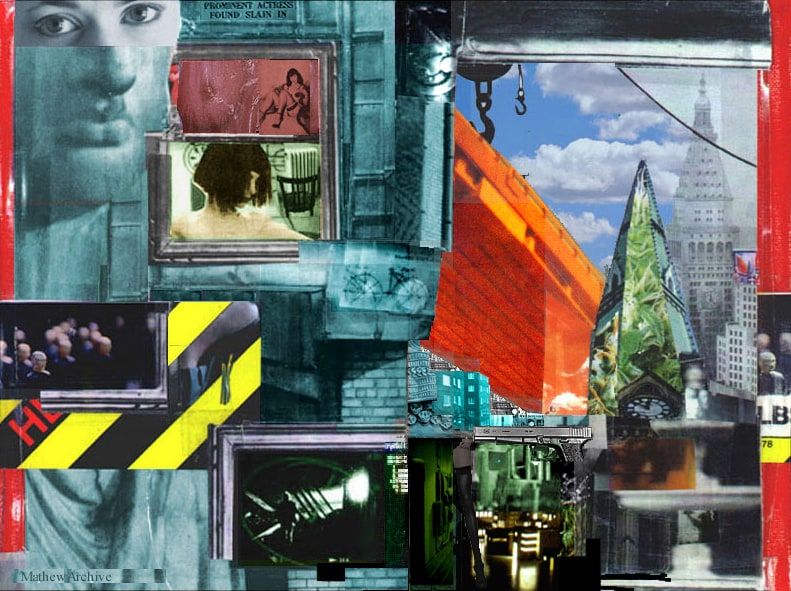 Collage of teal-tinted photographs including a woman's eyes, a hazard-striped panel, a crane hook, an orange girder and a skyscraper under blue sky.