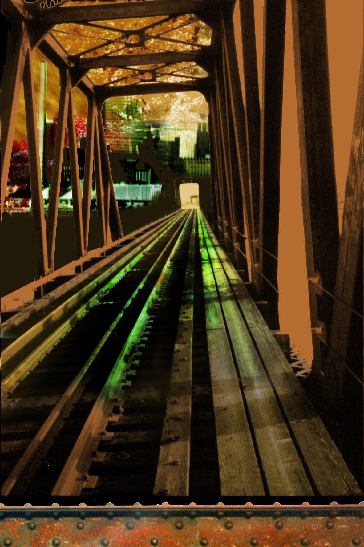 Converging railway tracks run through a steel truss bridge toward a bright city skyline, in orange, brown and green tones.