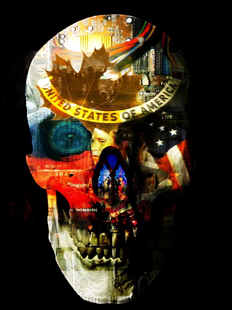 A skull on black filled with collaged imagery: a maple leaf, circuitry, a United States of America seal, an American flag and stained glass.