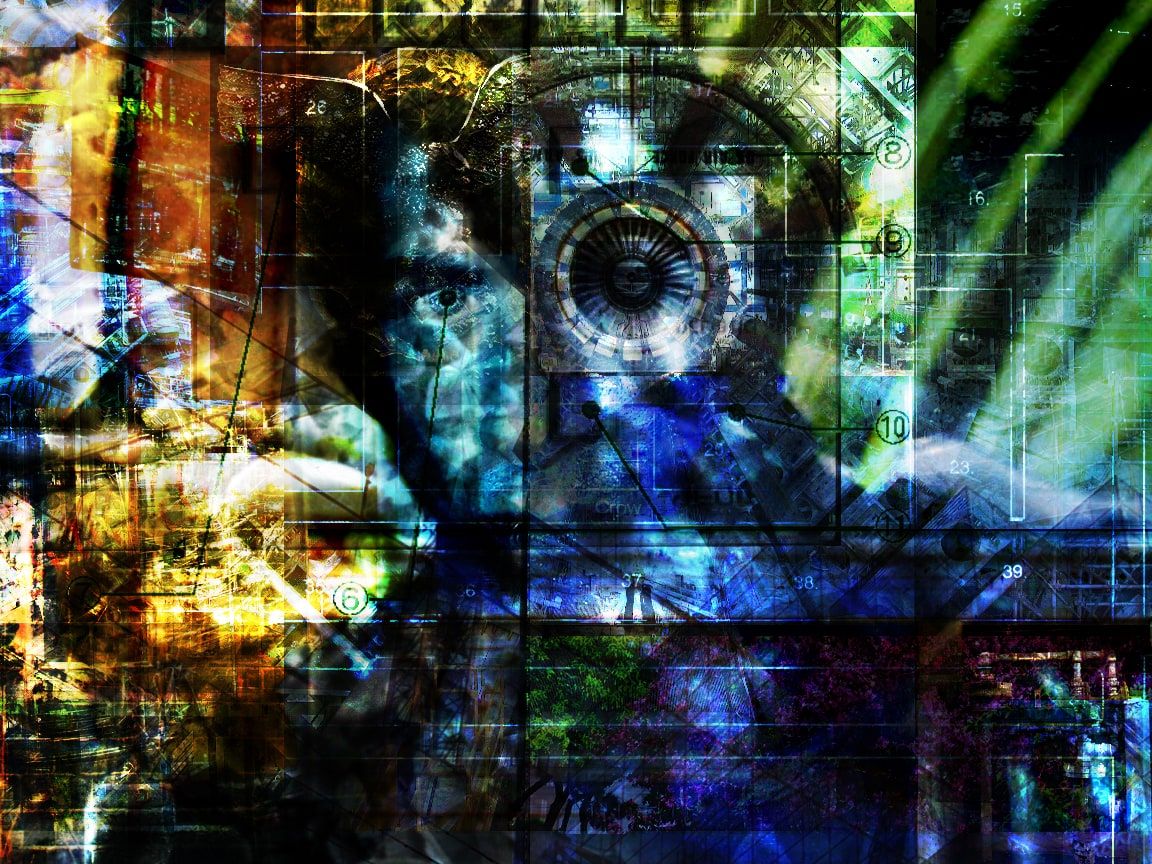 Abstract blue, green and yellow collage of a face half-hidden among circuit-board grids, a turbine fan, numbers and green light beams.