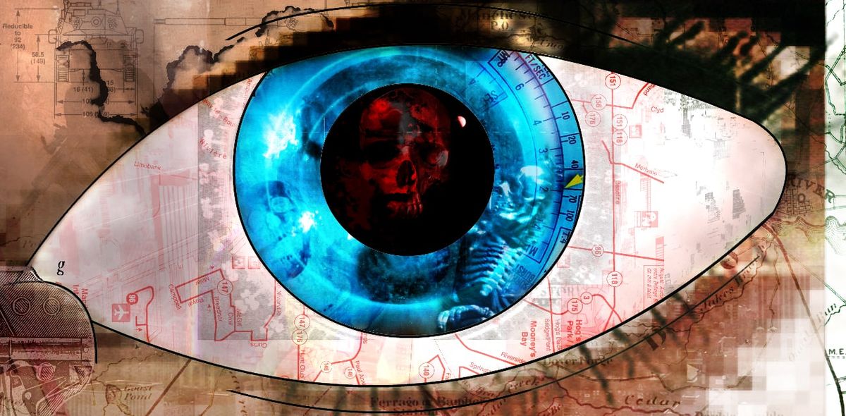 A huge stylised eye with a bright blue iris and a red skull in the pupil, set over map fragments and a dial scale.