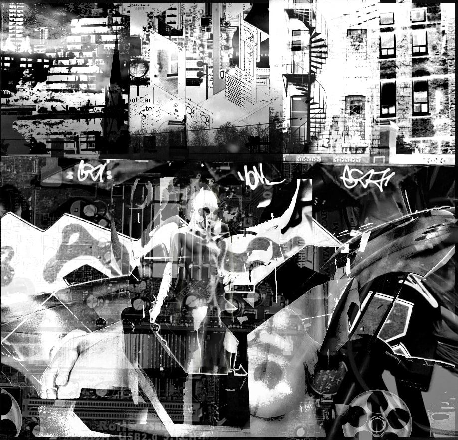 High-contrast black and white collage of fire escapes, graffiti tags, circuit boards, a car wheel and fragments of a woman's body.