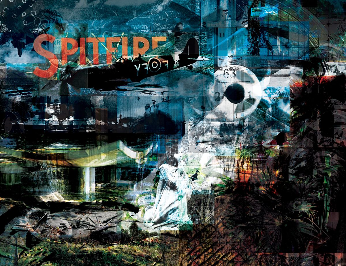 Teal and dark green collage of a Spitfire fighter plane and red Spitfire lettering above a white kneeling angel statue, palms and a pavilion.
