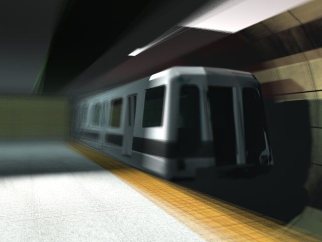 3D render of a silver subway train speeding into a station, motion-blurred beside a platform with a yellow tactile edge.