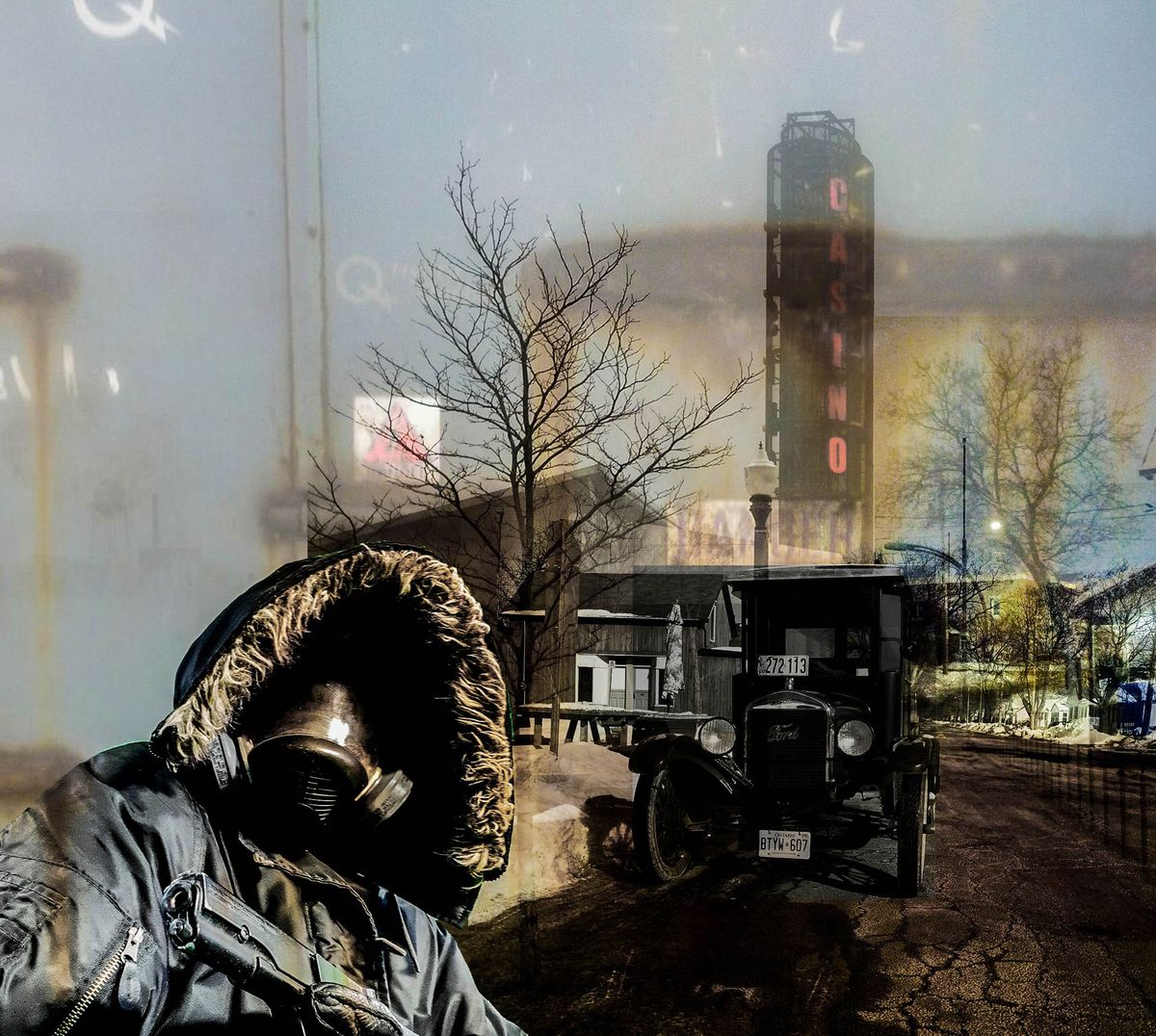 Collage of a hooded figure in a gas mask beside a vintage black truck, bare trees and a tall red Casino sign in hazy light.