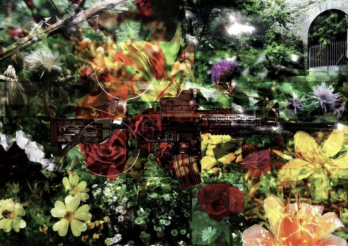Collage of a dark assault rifle laid across dense flowers, red roses, yellow lilies, thistles and daisies, with a stone archway at top right.