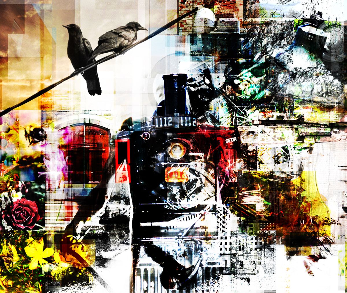 Collage of a black steam locomotive numbered 1112 under two crows on a wire, with roses, yellow flowers and white glitch fragments.
