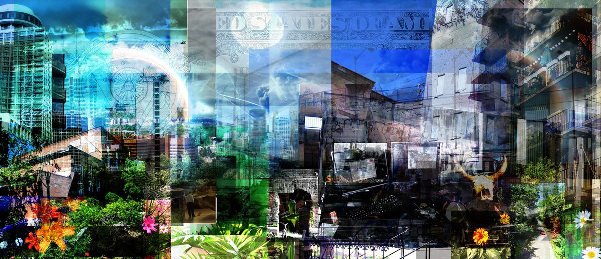 Wide panoramic collage of glass towers, a Ferris wheel, a bank-note pattern, blue sky and flower beds in blue and green tones.
