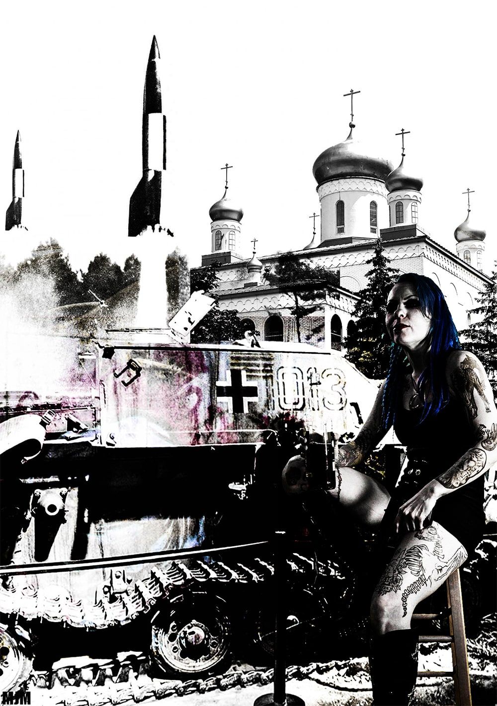 High-contrast collage of a tattooed woman with blue hair seated on a tank marked with a cross, below two rockets and onion-domed church towers.