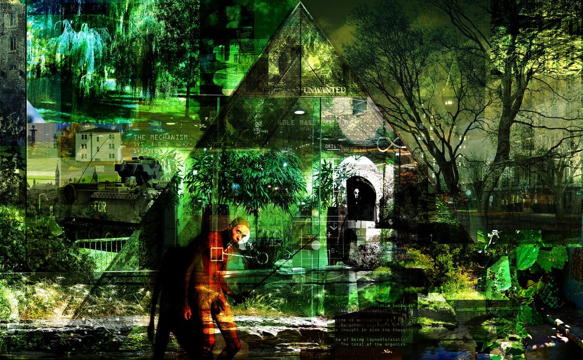 Green-tinted wide collage of a park with willow trees, a tank, a glass pyramid outline and a figure in orange, with small text panels.