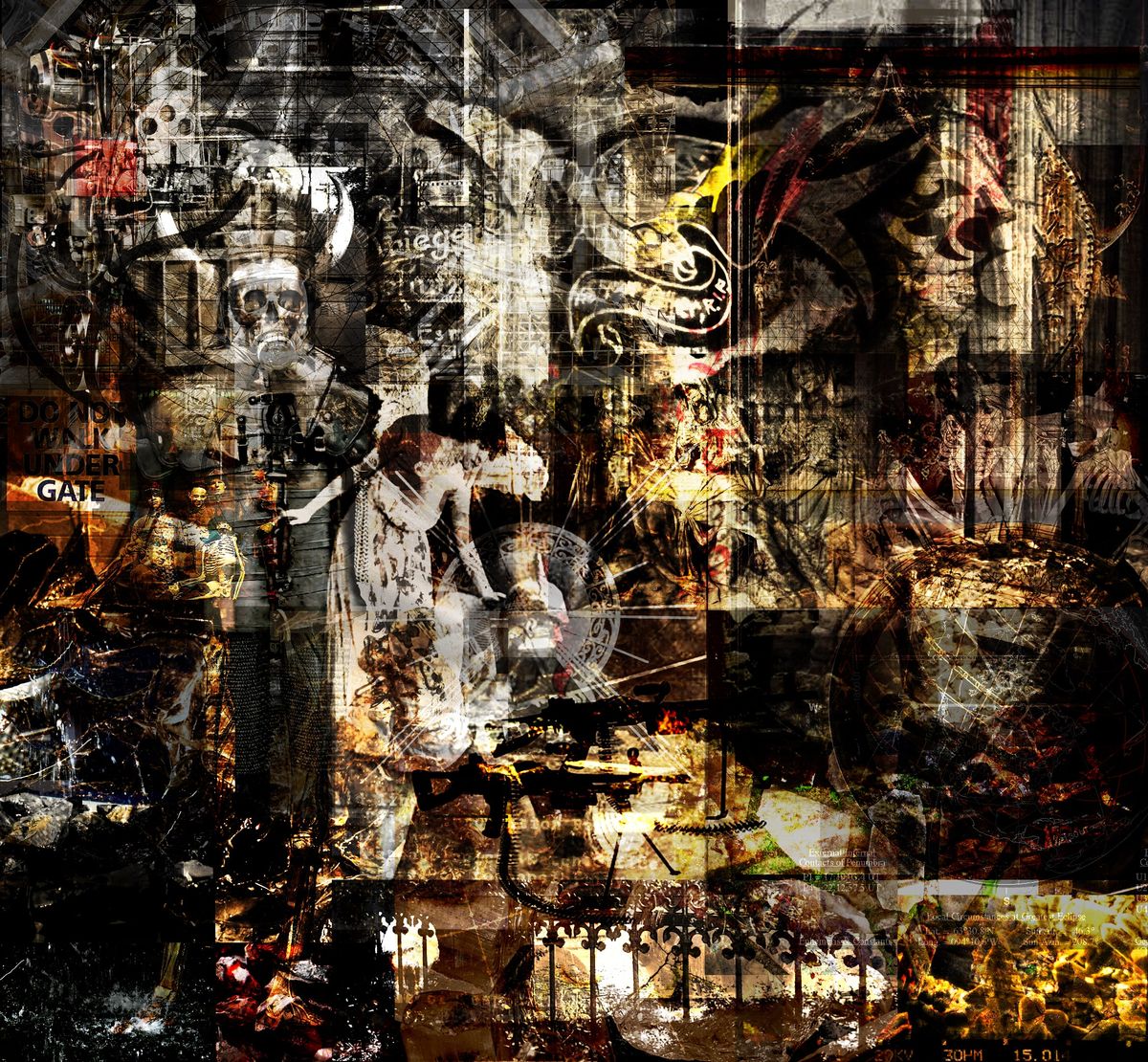 Dense sepia and black collage of a gas-masked figure, a skull, a woman in white, ornate scrollwork and an iron fence.