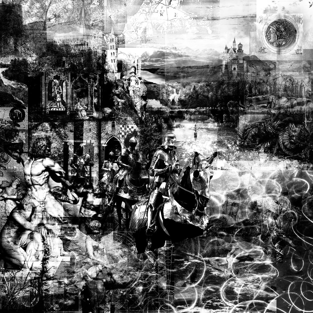 Black and white collage of armoured knights on horseback, classical nude statues, a hilltop castle, a river landscape and an engraved coin.